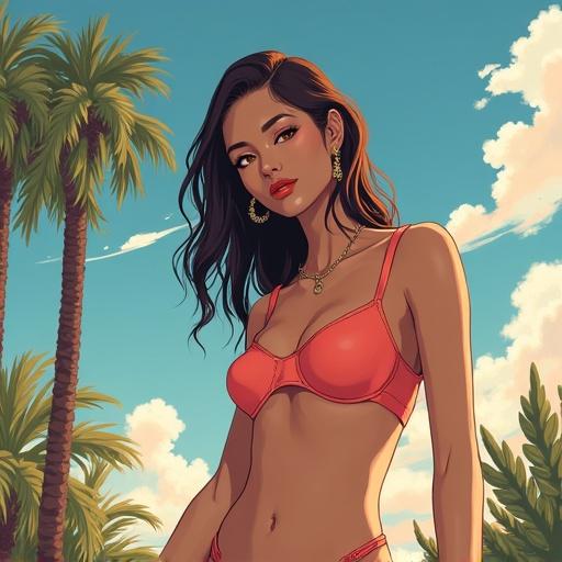 An American woman in lingerie at the beach. Bright sky with clouds and palm trees in the background. Focus on the beauty and confidence of the subject.