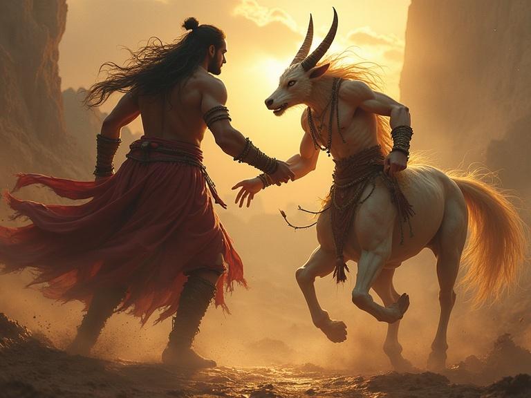An epic battle unfolds. A tall, charismatic man with sharp features faces a white horse with goat horns. He wears regal attire and has a commanding presence. The scene is set in a mystical landscape with dramatic lighting. The atmosphere is tense and filled with anticipation.