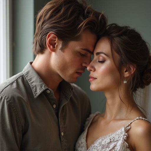 A close-up of a male and a female embracing each other, showing intimacy and romance, soft lighting from a window