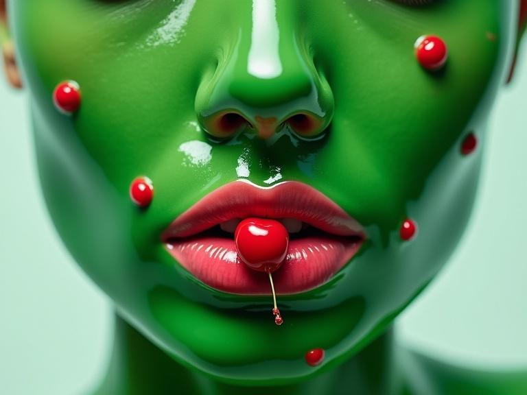 Surreal close-up portrait of a face covered in glossy green liquid. Features distorted, nose and mouth included. Glossy pink lips with a bright red cherry held between them. Small red cherry accents on green surface. Neutral background to highlight texture.