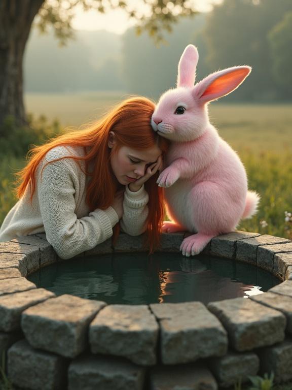 Emotional scene features young woman with long red hair. She is wearing a cozy white sweater. She lies on the edge of an old stone well. Her face is buried in her hands. She appears deeply sad. Beside her is a human-sized pink rabbit. The rabbit leans forward with concern. The background shows a serene grassy field. There are soft sunlight and scattered trees. The well has circular stone walls. The water reflects the scene. The mood conveys empathy and connection.