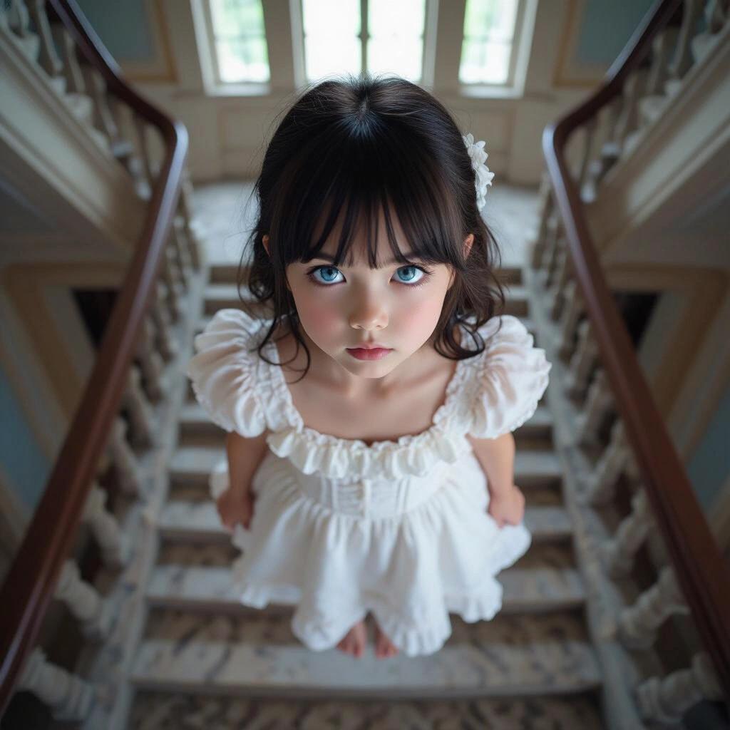 Young girl with blue eyes standing on a staircase inside a mansion. She wears a frilly white dress. The scene is captured from above. The staircase has ornate details.