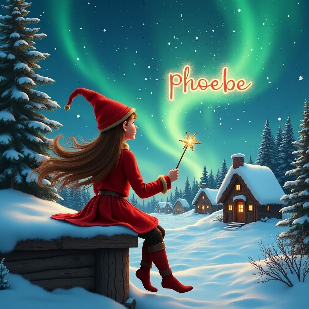 A girl elf with brown hair sits on a wooden ledge looking at a magical sky. She wears a red outfit and pointed hat, holding a sparkling wand. The elf writes 'phoebe' in the sky. The background has a snowy landscape with charming houses and evergreen trees under Northern Lights. The scene represents childhood magic and Christmas cheer. The elf also writes 'Natasha' and 'Ada' in the sky.