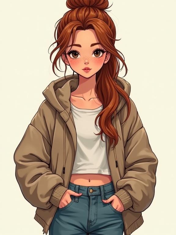 Full body portrait of a young teenage girl. She has a girlish face, dark eyes, and freckles across her nose and cheeks. Long straight auburn hair is styled in a messy bun. Body is slim with a narrow waist and hips. Wears bulky, oversized clothes and has no makeup. Background is trendy.