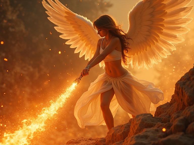 Photorealistic depiction of a muscular angelic woman gripping a flaming chain. The chain leads into a fiery abyss. The scene has an overwhelming sense of power and determination as the woman exerts effort.