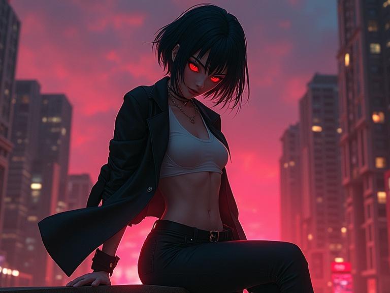 Anime character in a dynamic pose. Character has short black hair and red eyes. Wearing hot pants and a crop top. Sitting on a ledge in a cyberpunk city. Dramatic sunset backdrop. Strong character presence. Full-body view. Cinematic atmosphere.