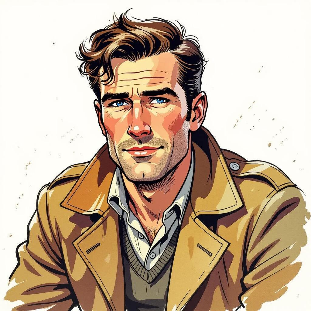 Illustration of a character inspired by the adventures of Bob Morane. Character wearing a stylish beige trench coat over a sweater. Captured in a pose indicating readiness for action. Strong, defined outlines and vibrant colors typical of comic book art style.
