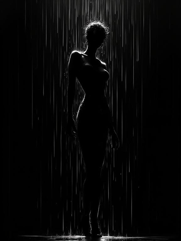 Abstract digital illustration in oil-brush style. Solid black background. Off-center female form implied by negative space. Body is pure void. Broken rain-lines trace raindrop impacts sketching outline. Emphasize dissolution in downpour.