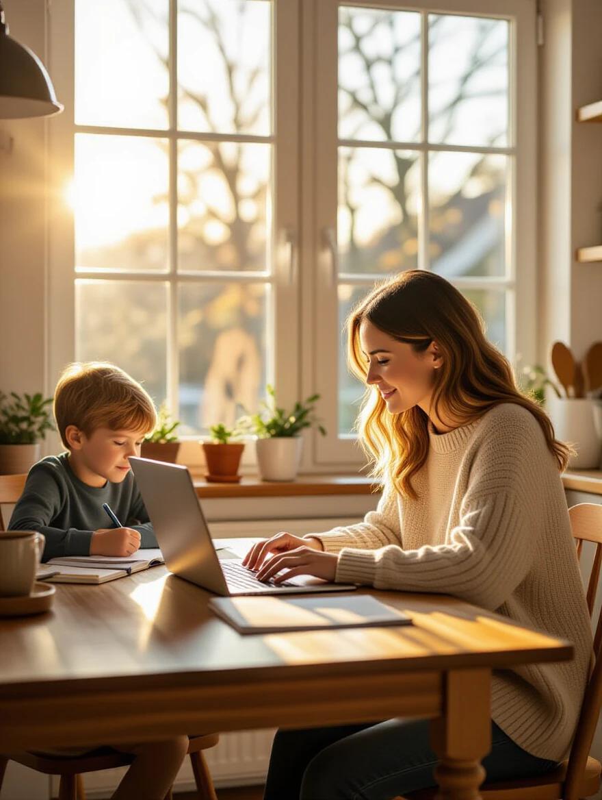 Photorealistic image of mother working on laptop at kitchen table. Child doing homework nearby. Cozy home environment with warm lighting. Beautiful golden hour lighting through horizontal kitchen window. Authentic domestic scene. Professional lifestyle photography with natural poses. Vibrant but soft color grading.
