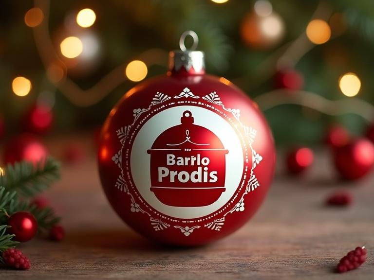 Christmas ornament featuring Prodis logo. Red ball with festive design. Surrounding elements include pine branches and decorative berries. Holiday-themed background with soft lights.