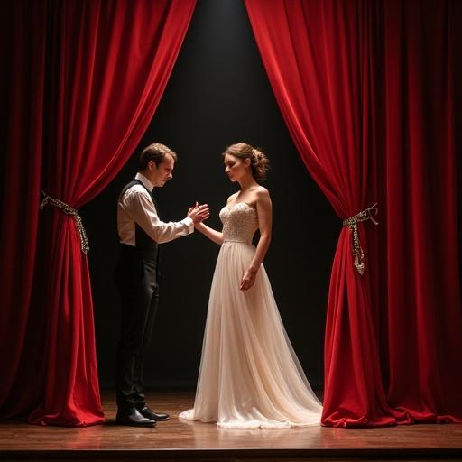 The stage features a magician and a woman wearing a dress. Red curtains frame the scene. The magician appears surprised while the woman stands gracefully. The couple is illuminated dramatically against the dark background.