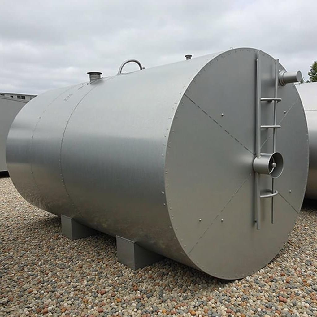 A cylindrical steel tank designed for storage. The tank is metallic and has a smooth surface. It features a hatch and connection points.