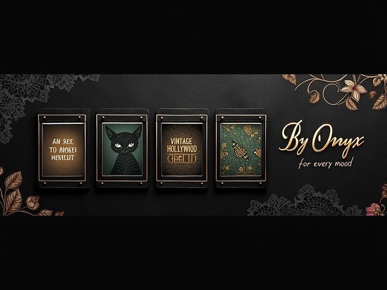 Create a horizontal banner image with dark elegant artistic vibe. Background is subtle luxurious black velvet lace texture with deep navy and purple tones gradients. Include a stylish collage of 5 thumbnails even in space. First thumbnail features detailed black lace floral pattern. Second showcases a minimalist black-and-white cat illustration with expressive eyes. Third presents a bold feminist empowerment quote in ornate font. Fourth captures a vintage Hollywood icon silhouette in muted gold tones. Fifth shows a seamless golden mehndi pattern on dark green background. Collage squares have soft shadows adding depth. Right side has elegant serif font text. Text reads 'ByOnyx – Eclectic designs for every mood' in warm gold with subtle glow. Style is sophisticated inviting without clutter. No harsh lines bright colors keeping mood mysterious classy.