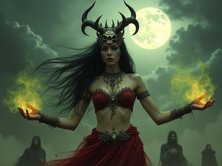 A powerful necromancer queen stands under a bright moon. She has dark flowing hair and an ornate headdress with a horned skull. A jeweled bra and a tattered red skirt adorn her. Her arms are outstretched with yellow-green smoke swirling around her hands. Ominous storm clouds fill the sky, and shadowy figures are faintly visible behind her. This image represents dark fantasy with intricate details and high realism.
