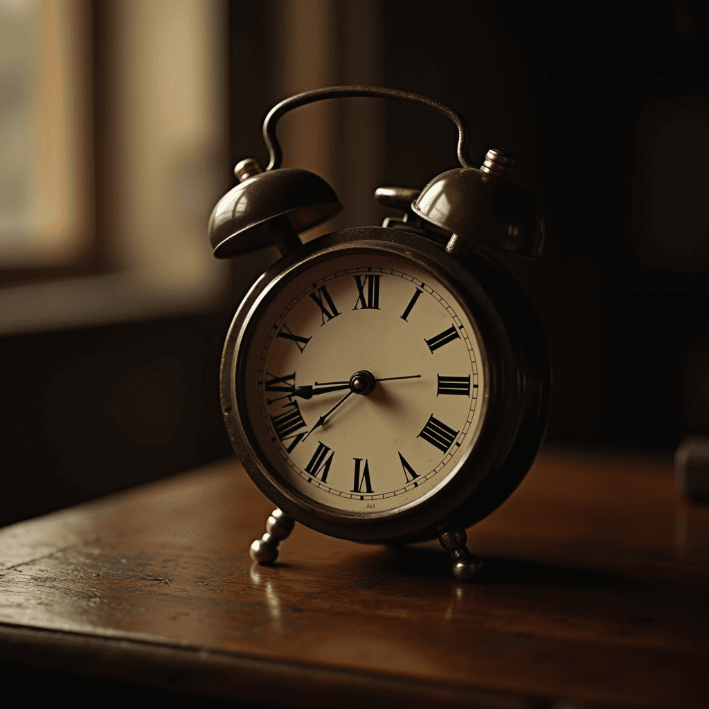 A vintage alarm clock with Roman numerals sits on a wooden table in soft, ambient lighting.