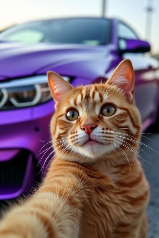 Cat taking a selfie with a purple BMW M4 competition car. Cat has orange fur and big eyes. Car is in the background with a shiny purple wrap.