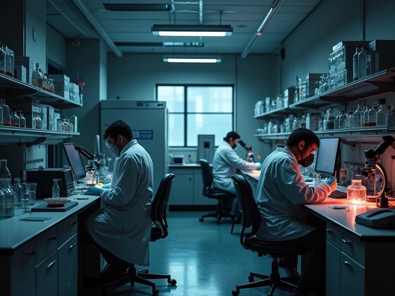 Create a dark and moody biochemistry laboratory scene. Scientists in protective gear work diligently. One handles a vial with glowing substance. Equipment like centrifuge and bioreactor is visible. Laboratory contains glassware and chemical reagents. Large windows provide faint light but are covered. The atmosphere is tense with a gothic aesthetic.