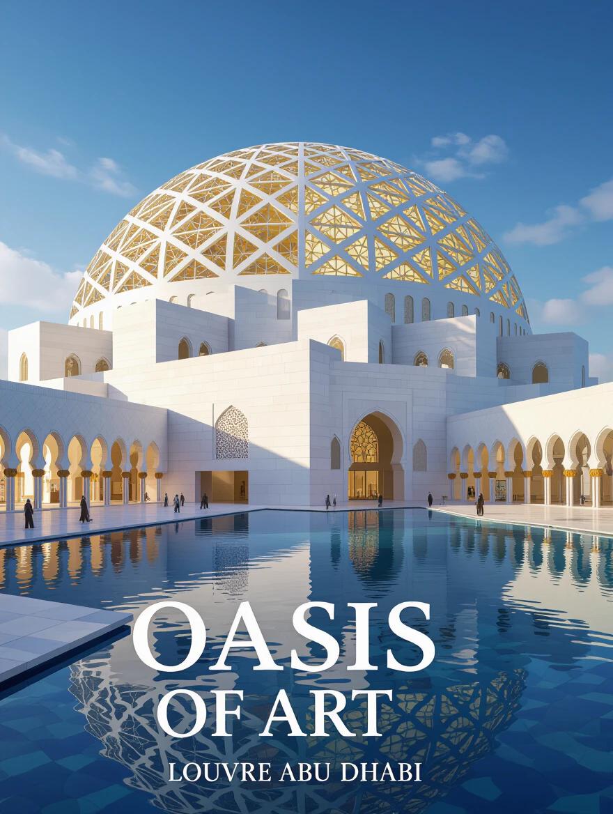 Artistic rendition of Louvre Abu Dhabi. Blends distinctive architectural geometry with abstract touch. Uses colors inspired by light reflections on dome. Emphasizes intricate details showcasing venue's uniqueness.