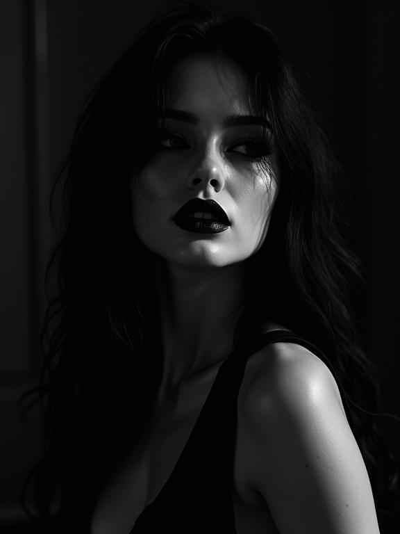 An erotic black and white portrait captures a gothic woman. Intense shadows and contrasting light create a film noir effect. The image emphasizes her dark allure along with a mysterious aura.