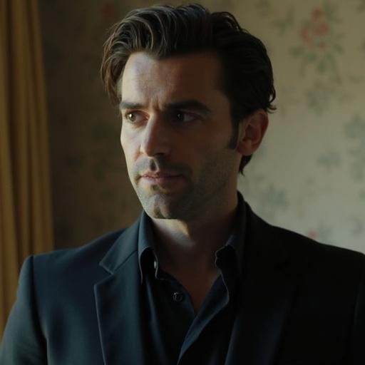 Character from popular television series with a focused expression. Scene set in an office environment. Dark clothing worn by character adds to the visual context.
