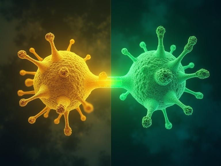 Visually striking scientific illustration shows a molecule of DTBTE in two states. One state is disordered and amorphous with yellow glow, the other is ordered and crystalline with green glow. Horizontal temperature scale indicates cold crystallization at 80 °C. Includes colorful fluorescence, rotating thiophene groups, and subtle hydrogen bond networks. Background is split with soft cloudy texture for amorphous and sharp geometric for crystalline. Faint representations of X-ray crystal structures and molecular orbitals. Suitable for a chemistry journal cover.