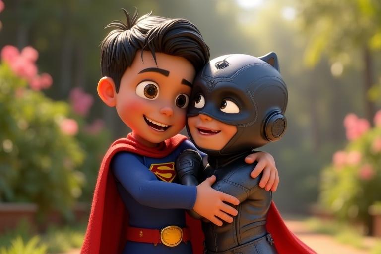 A 3D animated scene featuring two superheroes embracing in a soft-focus garden. Scene has vibrant colors. The first character wears a red cape and blue suit. The second character is in a futuristic metallic outfit with glowing eyes. The background includes soft-focus elements of a garden.