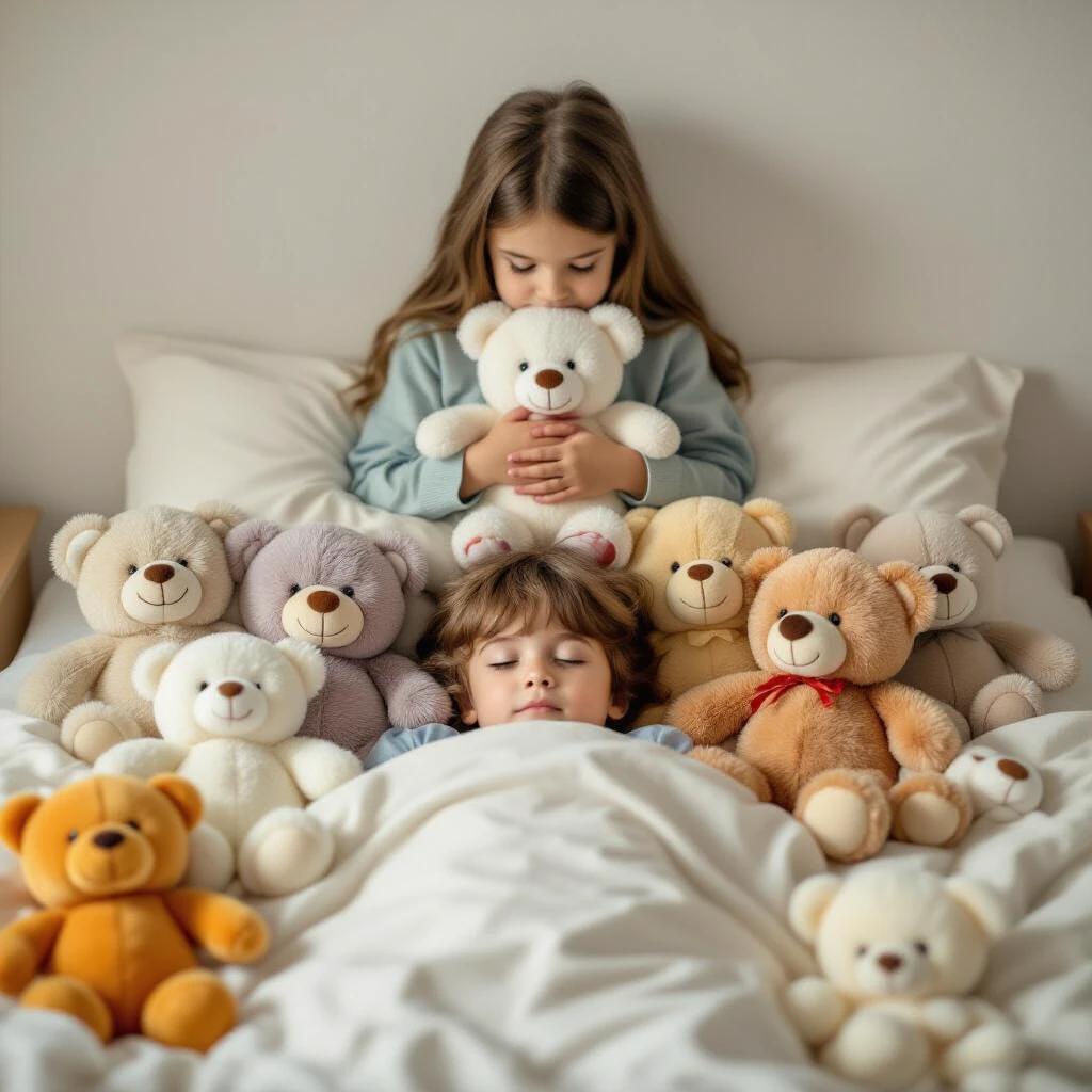 Child surrounded by plush toys only eyes visible while girl closely watches holding a bear tight. Cute yet overwhelming scene.