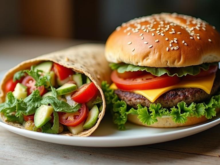 Plate features a healthy fast food option alongside a traditional burger. A whole-grain wrap with salad compares to a gourmet burger. Message of balance emphasized. Modern and appetizing style.