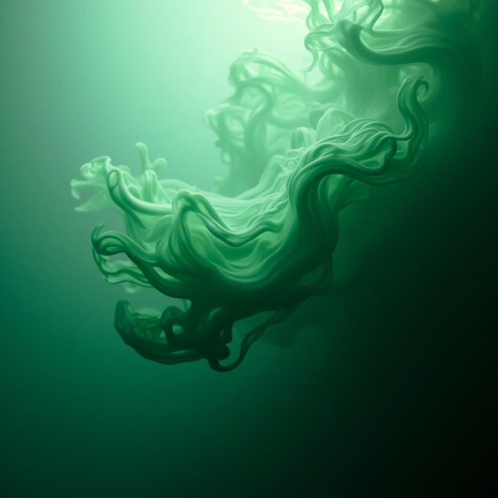 Abstract representation of fluid motion in deep green color. Swirling shapes create a sense of movement. Ethereal light effects enhance visual depth.