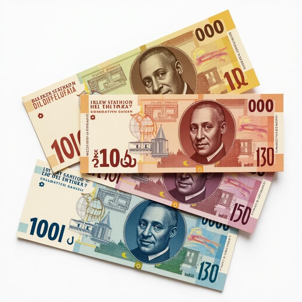 This image features a collection of newly designed Turkish banknotes. The assortment showcases various denominations, including a 10 lira and a 100 lira bill. Each banknote includes intricate designs and portraits of notable figures from Turkish history. The colors vary from turquoise to beige, creating a vibrant display. The banknotes are arranged on a flat surface, emphasizing their beautiful design and quality.