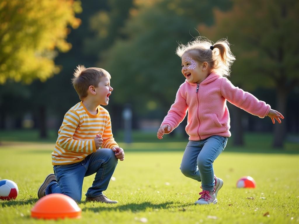 In a lively park, two kids are happily playing together. On one side, a boy is excitedly shouting while wearing a bright striped shirt, kneeling on the grass. On the other side, a little girl, adorned with a sparkly face painting, giggles as she jumps around in her cozy outfit. They are surrounded by playful props, like a frisbee and a ball, inviting them to engage in a fun game. The atmosphere is cheerful, filled with laughter and the joy of childhood friendships, as the two kids share a delightful moment together.