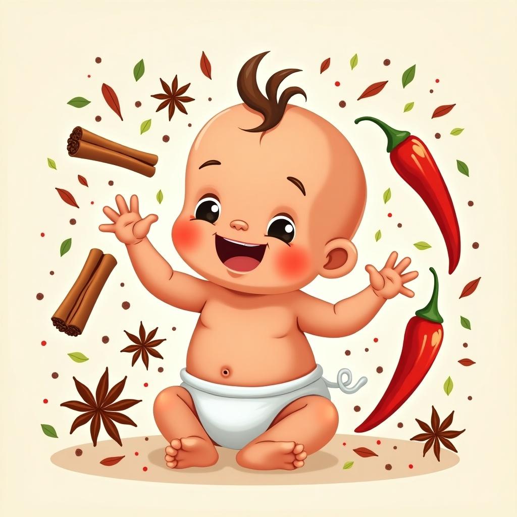 The image features a joyful baby sitting in a playful pose surrounded by various spices. The baby has a charming smile and distinctive hair, embodying innocence and cheerfulness. Red chili peppers and cinnamon sticks are scattered around, adding a fun culinary element to the scene. The background is a soft cream color, enhancing the brightness of the baby and spices. This illustration captures a light-hearted, fun approach to spices and childhood.