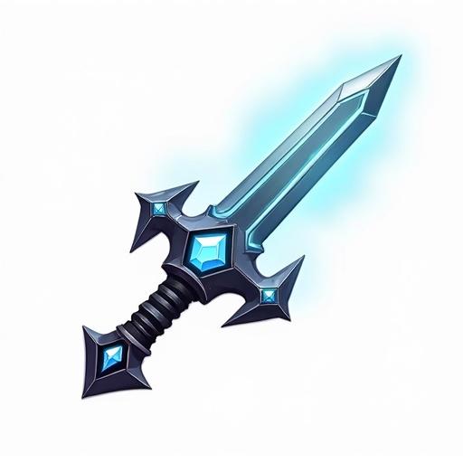 Icon of a skill representing a triple slash attack featuring a sword with blue gemstones and a glowing design on a transparent background.