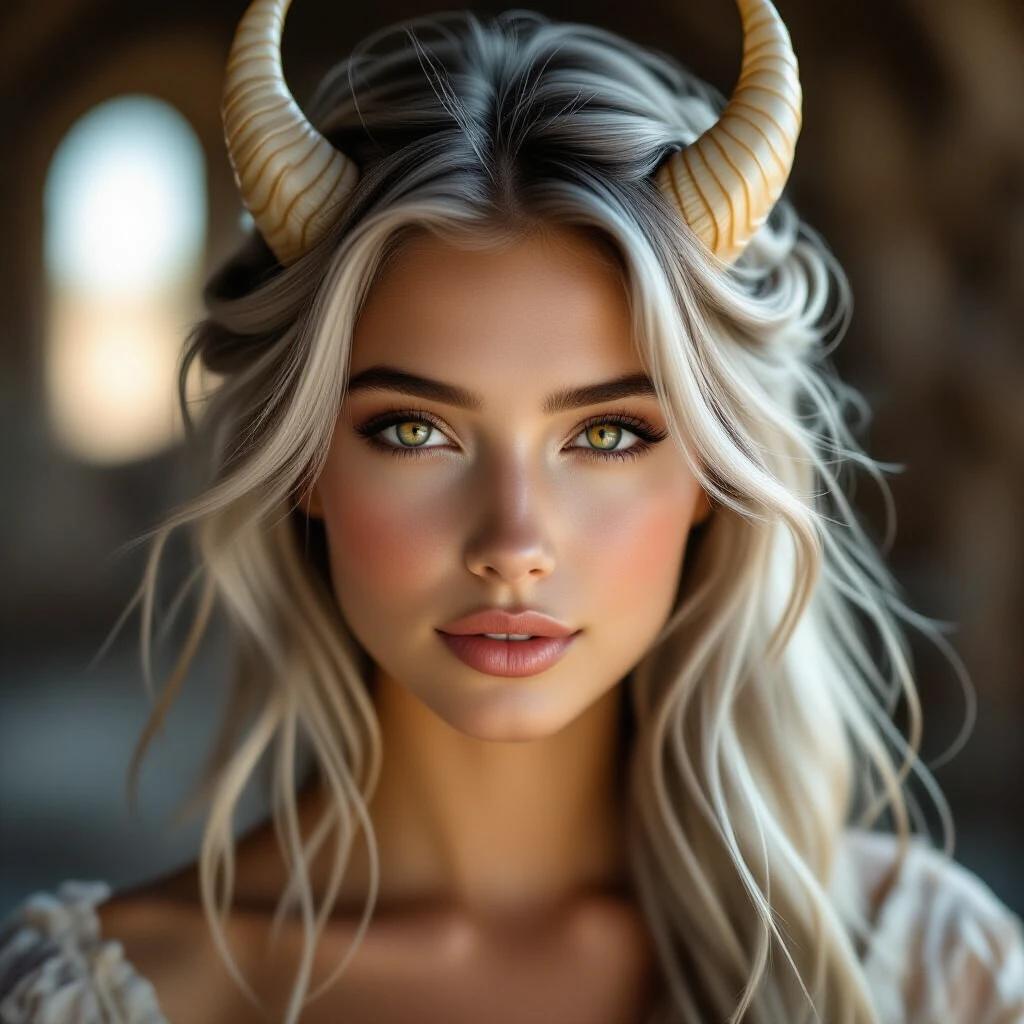 Ultra-realistic portrait of a young woman with dragon ancestry. Soft facial features and warm golden-brown eyes. Kind expression with slight scales near her temples. Long silver hair gently blown by the wind. Polished ivory horns curving from her head. Glowing skin. Photographed in ancient ruin with moonlight ambiance. Shallow depth of field and soft smile. High dynamic range and photorealism.