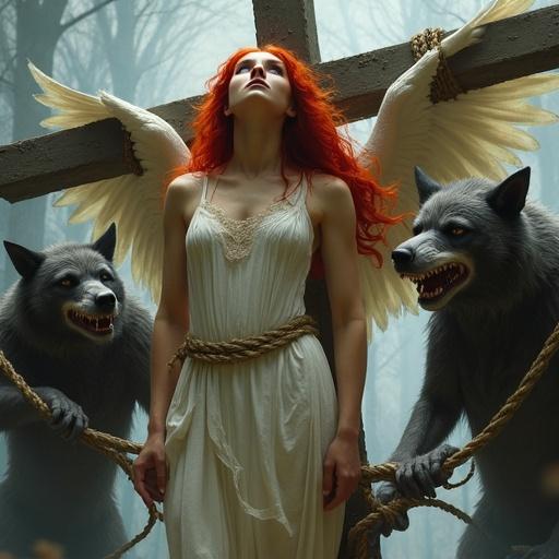 A red-haired angel is bound to a cross while two werewolves appear menacingly.