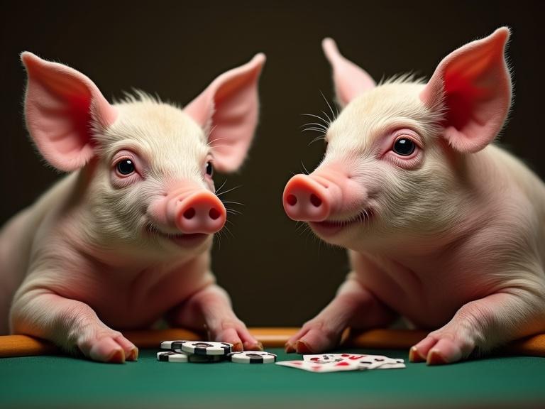 Two cute pigs playing poker with chips and cards on a table.