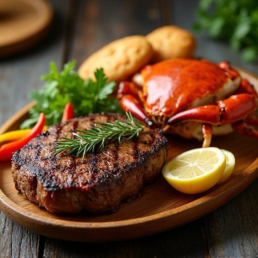 Grilled steak garnished with rosemary alongside crab and vegetables on a wooden plate with biscuits and lemon slices.