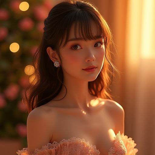 A lifelike woman depicted in 4K. She has shoulder-length brown hair with highlights. Eyes express confidence. Smooth skin glows under lighting. Wears an off-shoulder evening gown. The gown has lace embroidery and a thigh-high slit. Jewelry includes diamond earrings and a bracelet. Background features soft bokeh and warm tones. The composition radiates elegance and charm.