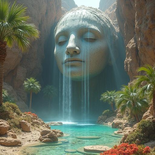 Massive stone statue of Mother Nature in a cracked desert. Waterfalls flowing from her eyes into an oasis with palm trees and flowers. Hyperdetailed and vibrant deep colors.