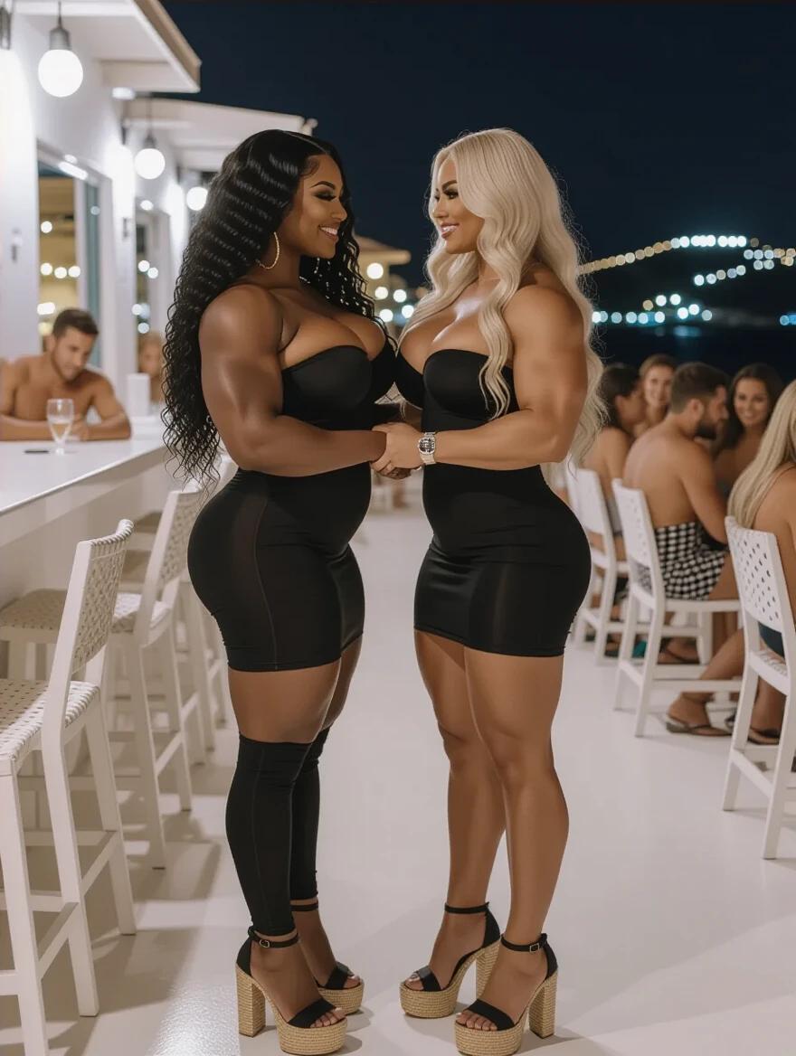 Photograph of two muscular women standing close in a bar at night. One woman has long curly black hair and dark skin; the other has long wavy blonde hair and fair skin. Both wear tight black dresses and platform heels. They embrace while looking at each other. A lively bar with people in the background.