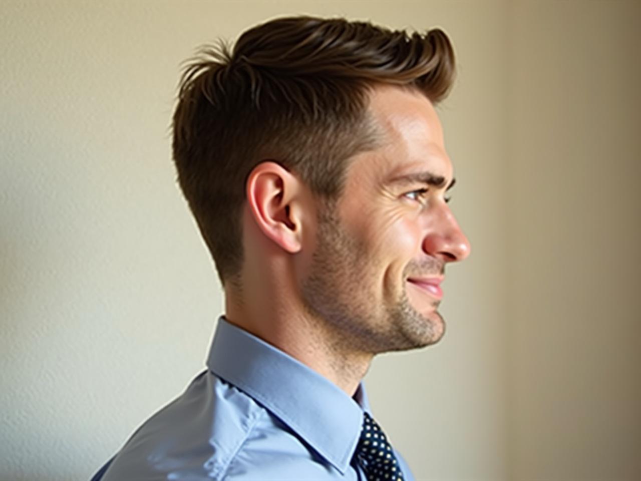 Create an image of a man in a side profile view. He should have short, neatly styled hair with a clean appearance. He is wearing a light blue shirt and a patterned tie. The background should be neutral and softly blurred to emphasize his profile. Make sure the lighting is warm and flattering to showcase the details of his hair and clothing.