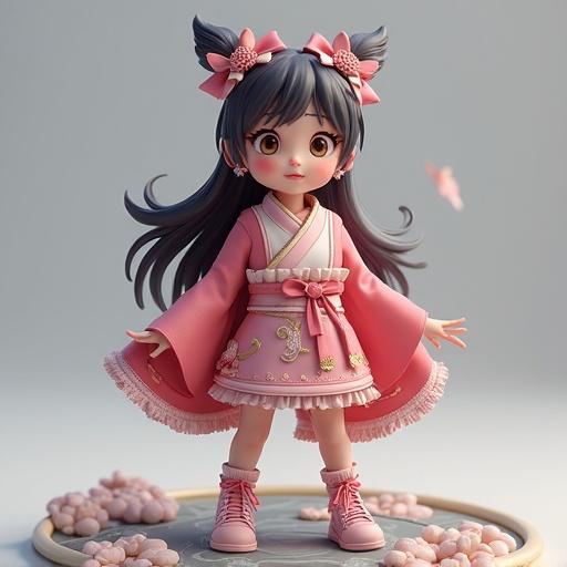 3D art of a Japanese idol character. She wears a traditional kimono-style outfit in pink. Long hair styled in two buns with decorative accessories. Surrounded by cherry blossom petals. Ideal for an idol audition theme.