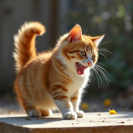 A playful orange tabby cat is standing on a surface. The cat has an open mouth as if it's communicating. The background is softly blurred and colorful. The cat's fluffy tail is raised high. Sunshine enhances the cat's fur texture. The scene is lively and cheerful.