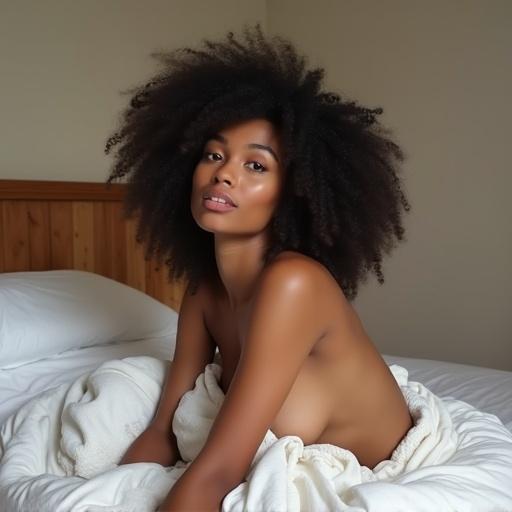 Image of a young woman with afro hair seated on a bed with white sheets in a student apartment setting.