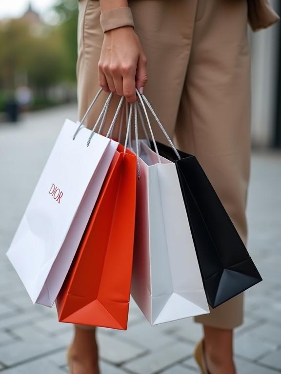 A female hand holds multiple luxury shopping bags. The bags are from brands like Dior and Chanel. The scene is set on a paved walkway.