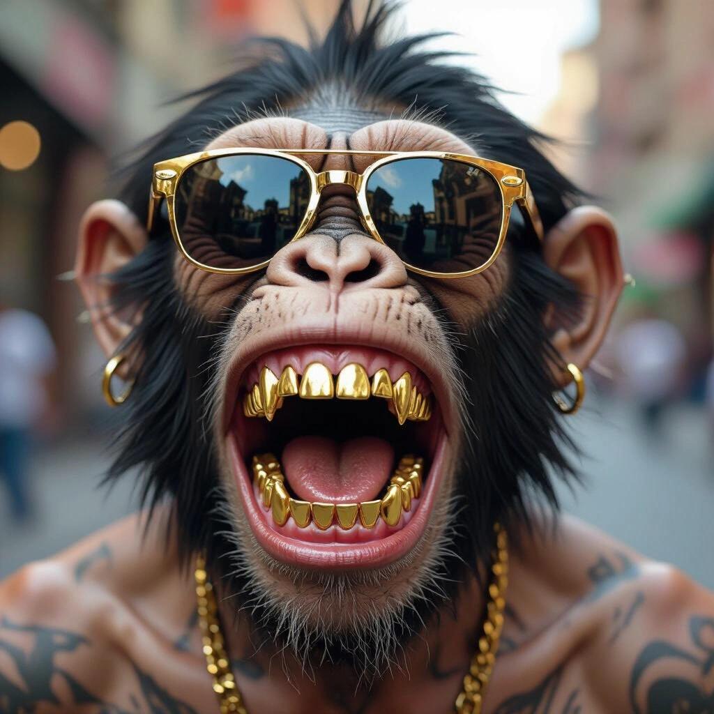Screaming monkey with gold teeth, Tyson face tattoo, wearing sunglasses.