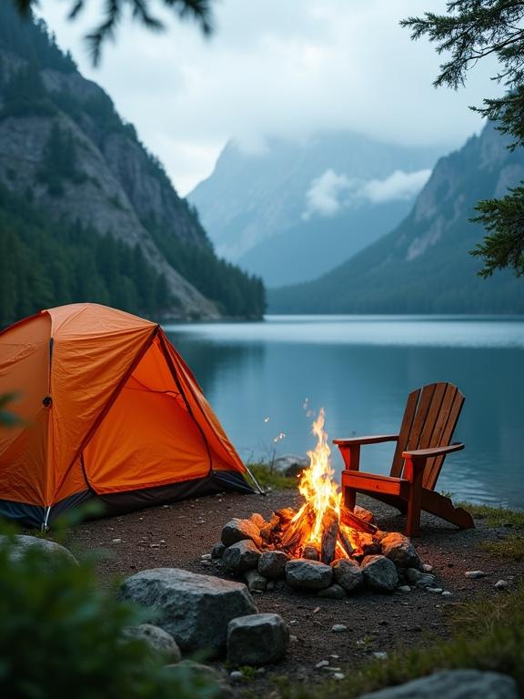 A lakeside camping scene features an orange tent. Nearby a wooden chair frames a campfire with flames reflecting on the water. Background has misty mountains enhancing tranquility. Soft lighting creates an inviting atmosphere. Textures of wet rocks and foliage add depth, leading the eye to the picturesque lake.
