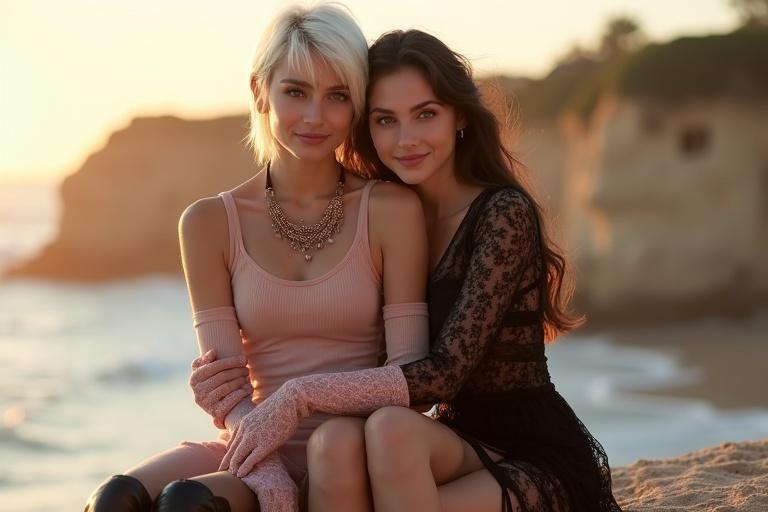 Full body shot of two gothic women embracing with visible feet and heels. One woman has short white hair, pale skin and a warm smile. She wears a tight flesh-colored dress with knee-length sleeves, a wide bronze necklace, long pink lace gloves, and black heeled boots. The second woman is a brunette with long hair, blue eyes, and sharp facial features. She wears a sheer black lace dress and flesh-colored ankle strap heels. They sit on a half meter high wall overlooking the beach at sunset. The background is slightly blurred. Warm natural light accentuates their features.