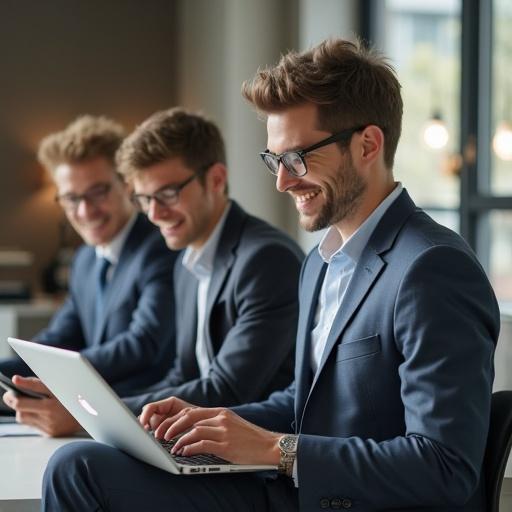 Group of young professionals in business attire using Apple devices. They are engaged in a professional environment. Different outfits emphasize business style. Positive expressions convey a collaborative atmosphere.