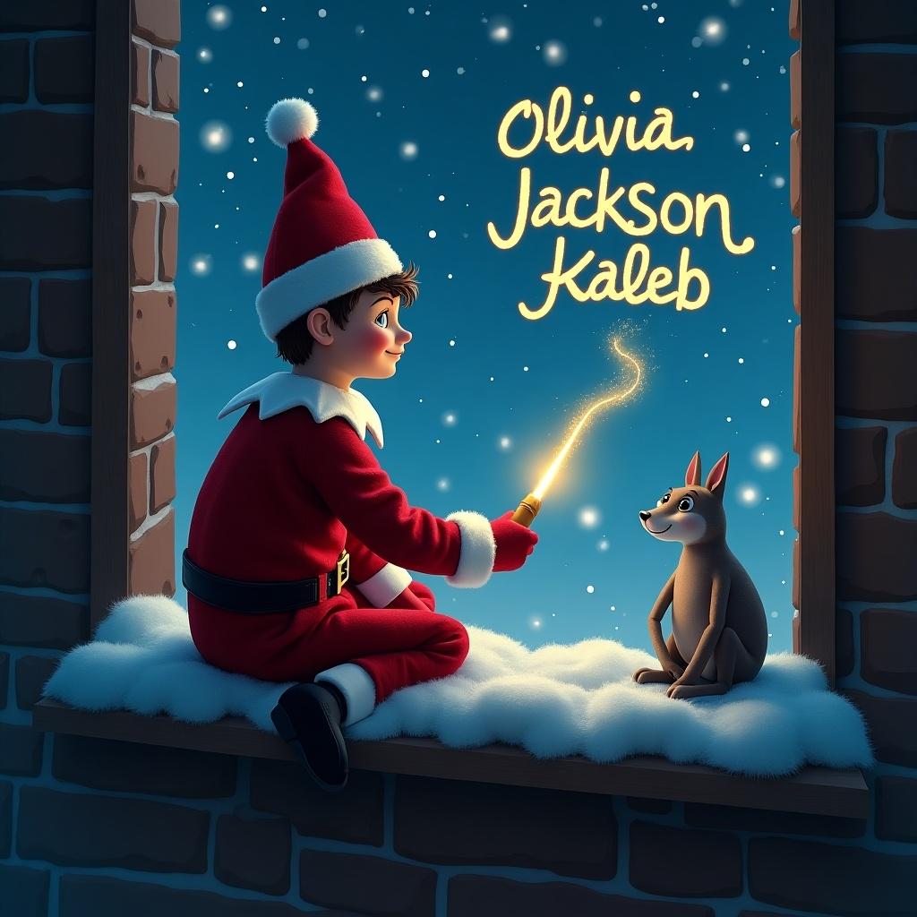 A traditional red elf on the shelf in the North Pole writes names in the sky with a glow stick. Snowy window scene with a curious rabbit watching.